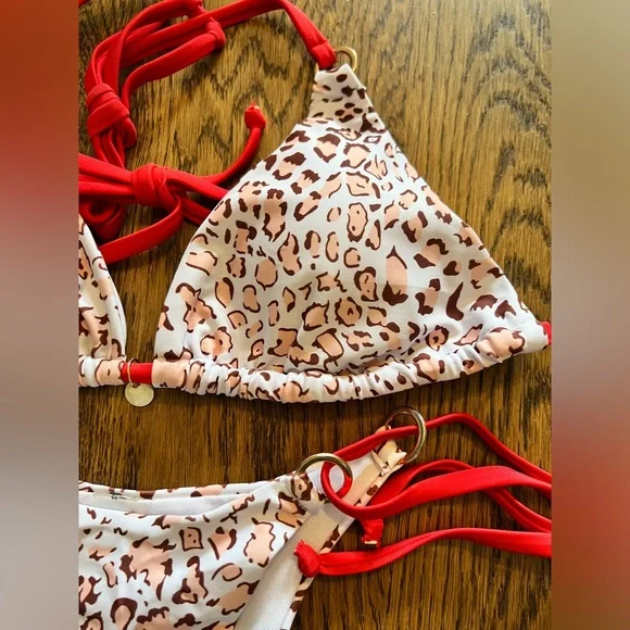 Animal Print Halter with Red Accents Side Tie Bikini Set - Picture 4 of 9